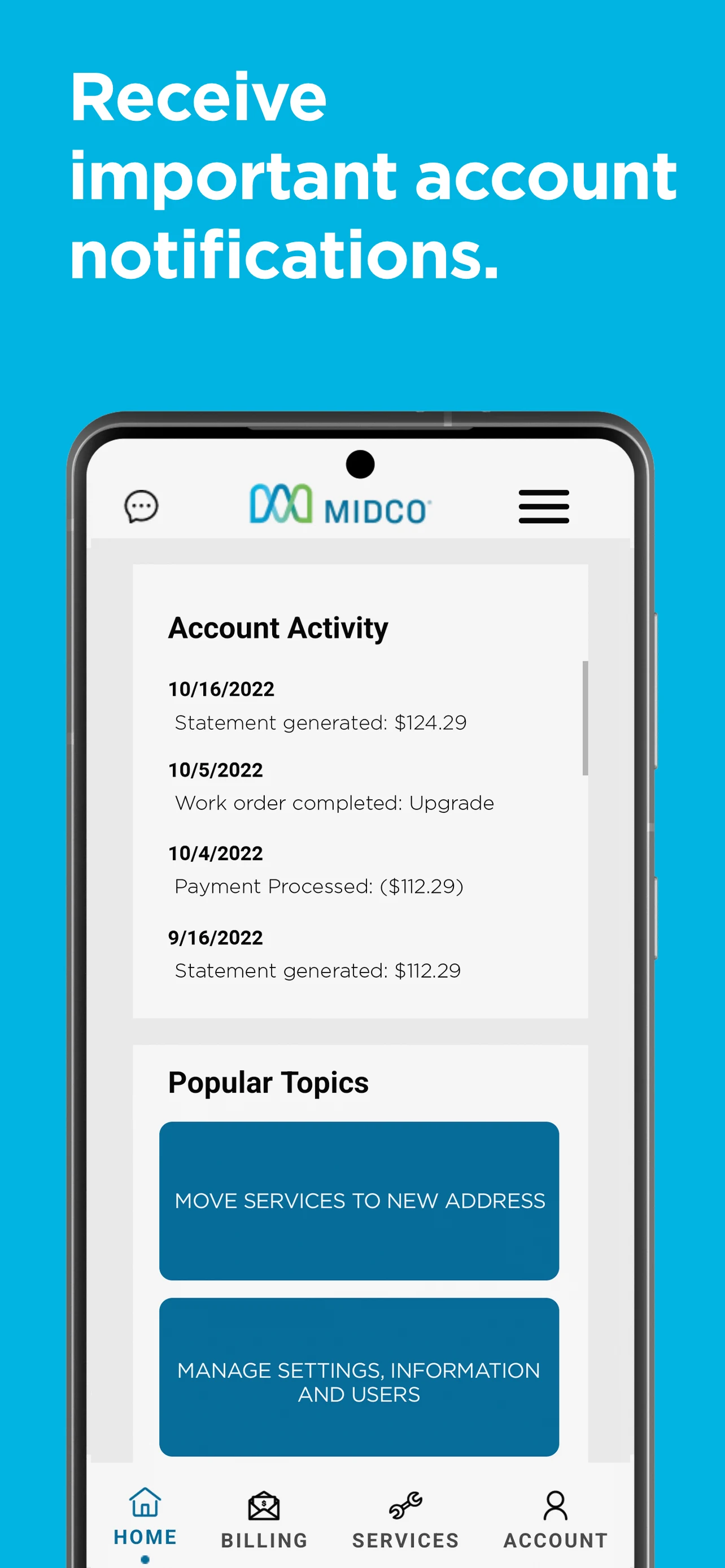 Midco My Account screenshot